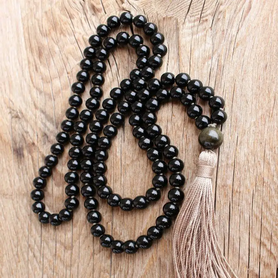 

Natural Black Obsidian 108 Beads Mala Necklace with Golden Obsidian & Beige Tassel Healing Crystal Jewelry
