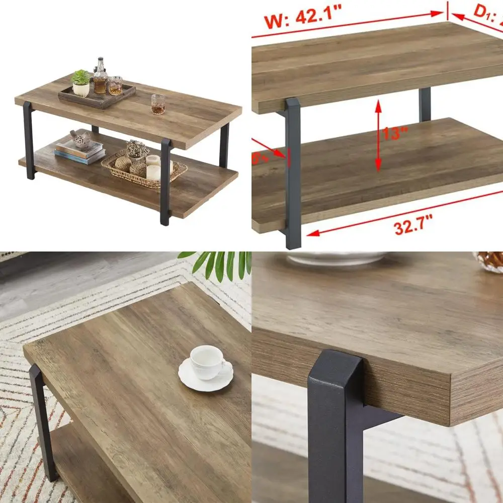 

Rustic Oak Wood and Metal Coffee Table with Shelf for Living Room