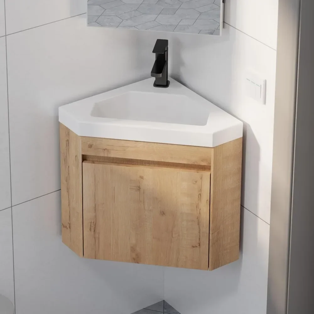 22" Corner Bathroom Vanity Sink Combo For Small Space Wall Mounted Floating Cabinet With White Resin Sink And Matte