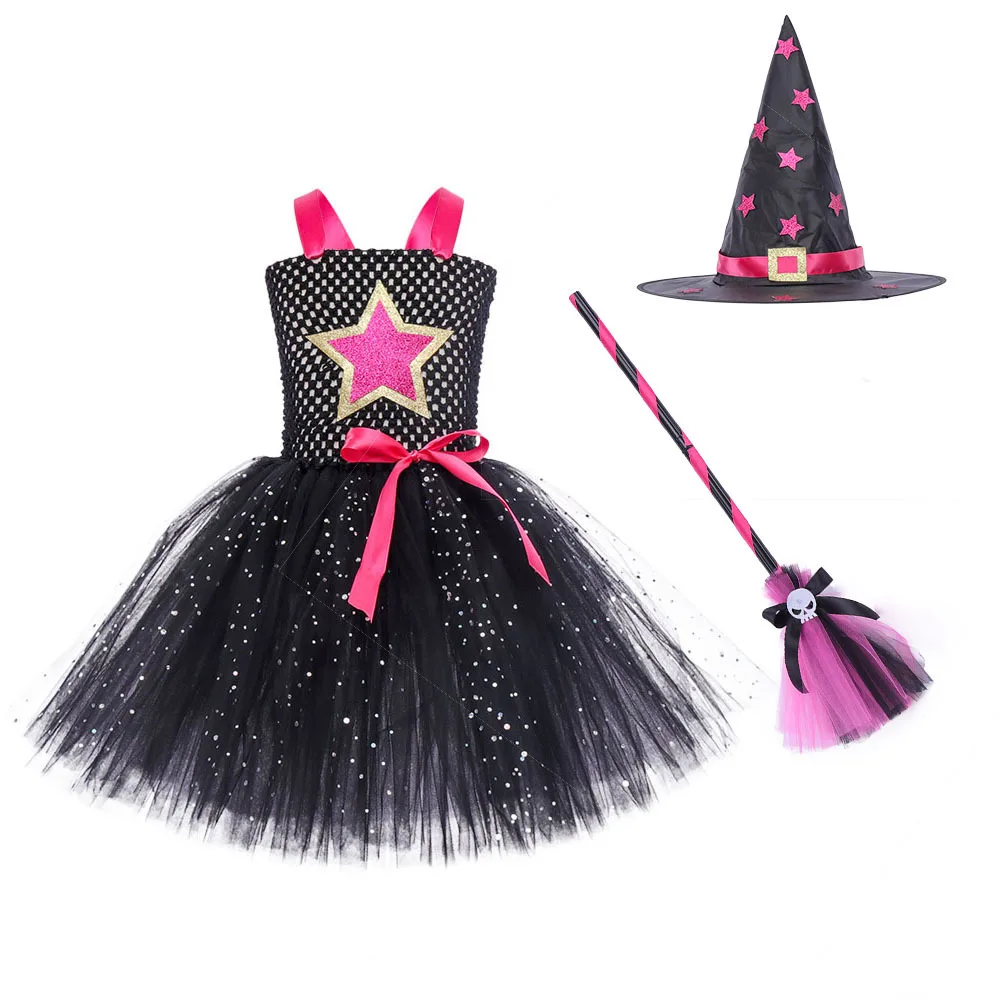 Halloween Carnival Party Black Sparkly Witch Tulle Puffy Dress With Star Decoration Stage Performance Spooky Magic Theme Outfit