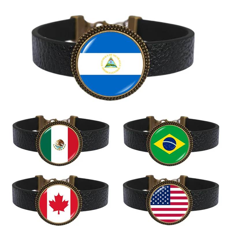 Flag Bracelet Travellers Souvenir Spain Nicaragua Salvador Turkey Mexico Portugal Glass Photo Leather Bracelets for Girls Men