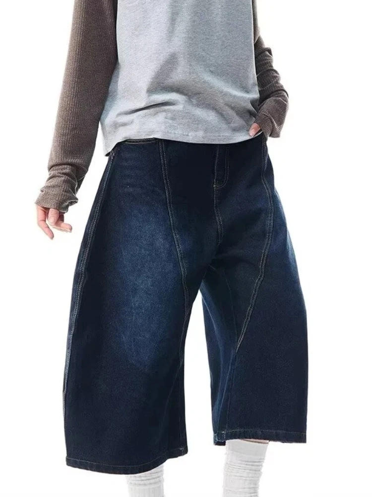 Men's Women's 2026 Summer American Retro Embroidered Curved Denim Shorts Loose Wide Leg Capri Pants Streetwear Jeans - view 4
