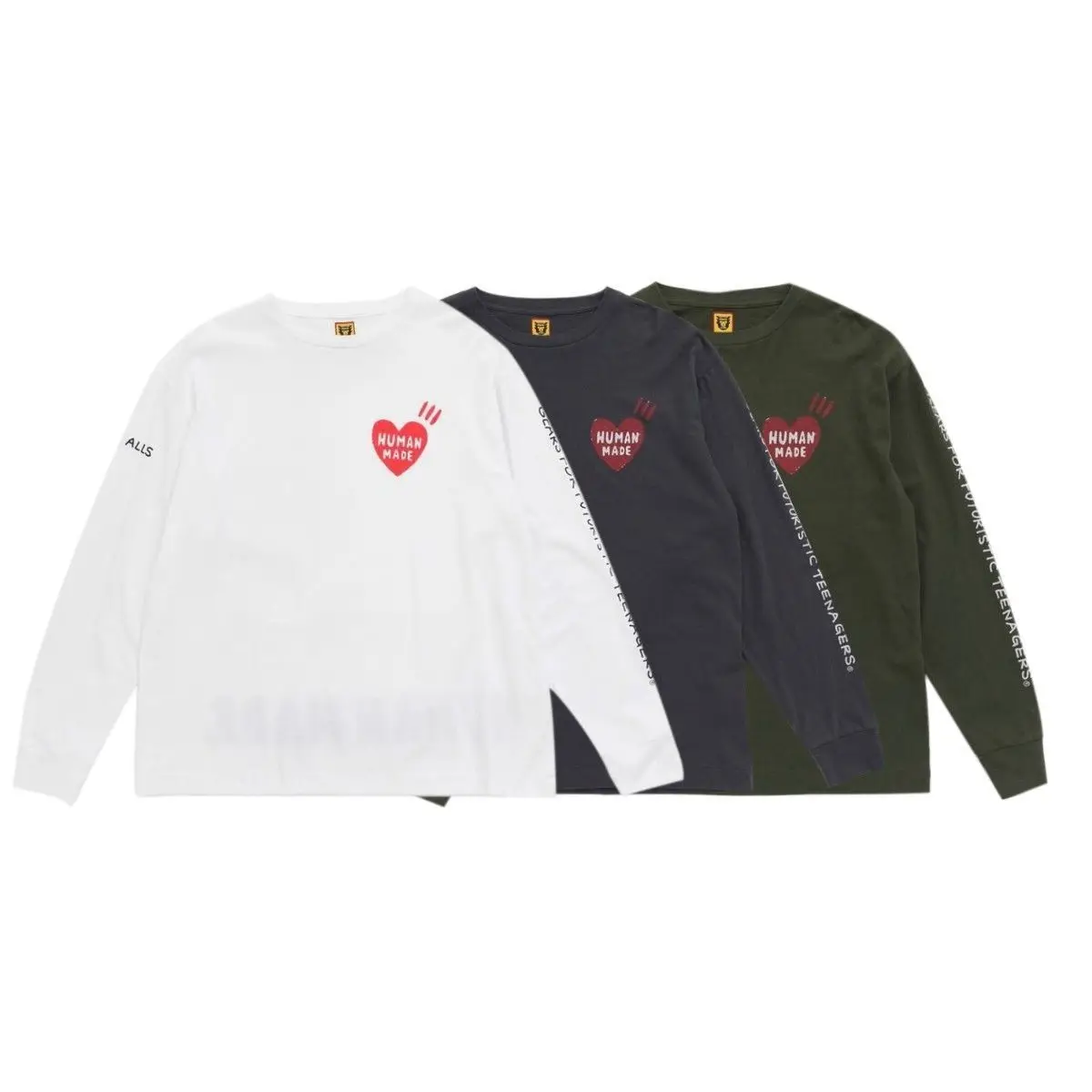 HUMAN MADE Heart Letter Print Long Sleeve T Shirt Crewneck 100% Cotton Unisex