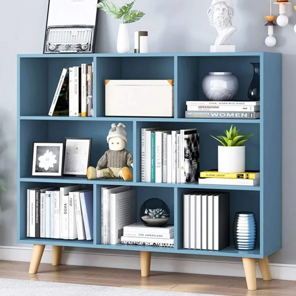 

Wooden Open Shelf Bookcase - 3-Tier Floorstanding Display Cabinet Rack with Legs, 8 Cubes Free Standing Bookshelf, Bright Blue