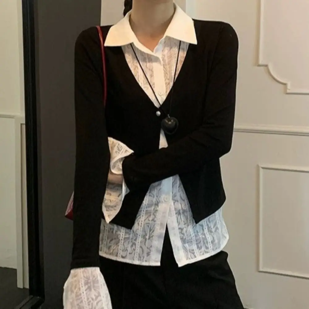 Coupe ajustée faux deux pièces haut Style coréen col rabat dentelle à manches longues tricots doux Patchwork dentelle chemises tricots