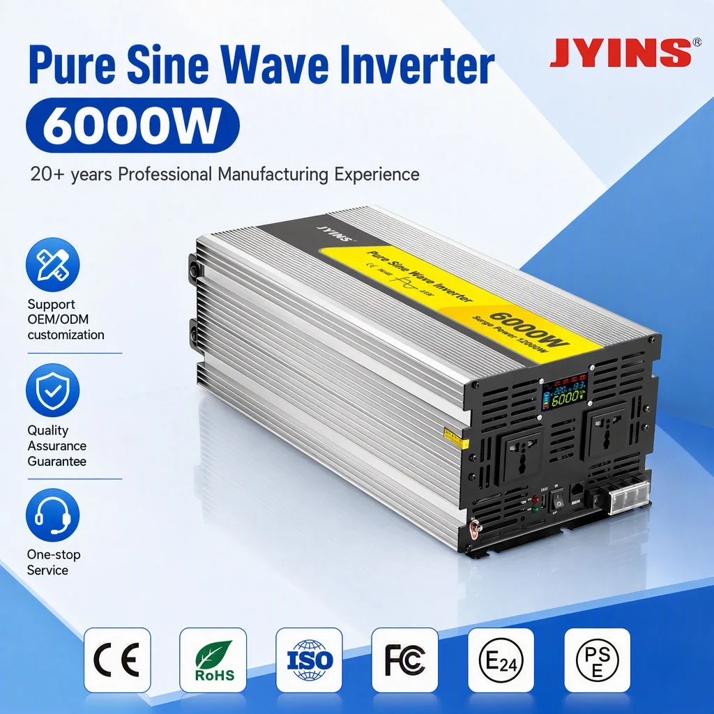 6000W Single Phase Pure Sine Wave Inverter 12V 24V 48V To 110V 220V 230V 240V Remote Control LED Screen Home Use DC/AC