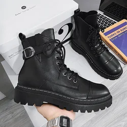 2023 Autumn Winter Fashion Boots for Men Black Casual Lace-up Outdoors Men New Leather Boots Zipper Motorcycle Men Ankle Boots