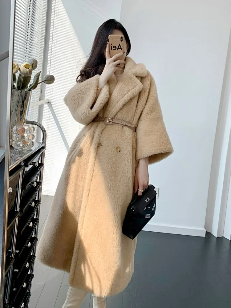 Teddy Champagne Runway Style Teddy Bear Coat Alpaca Fur Medium Long Silhouette Fur Coat for Women