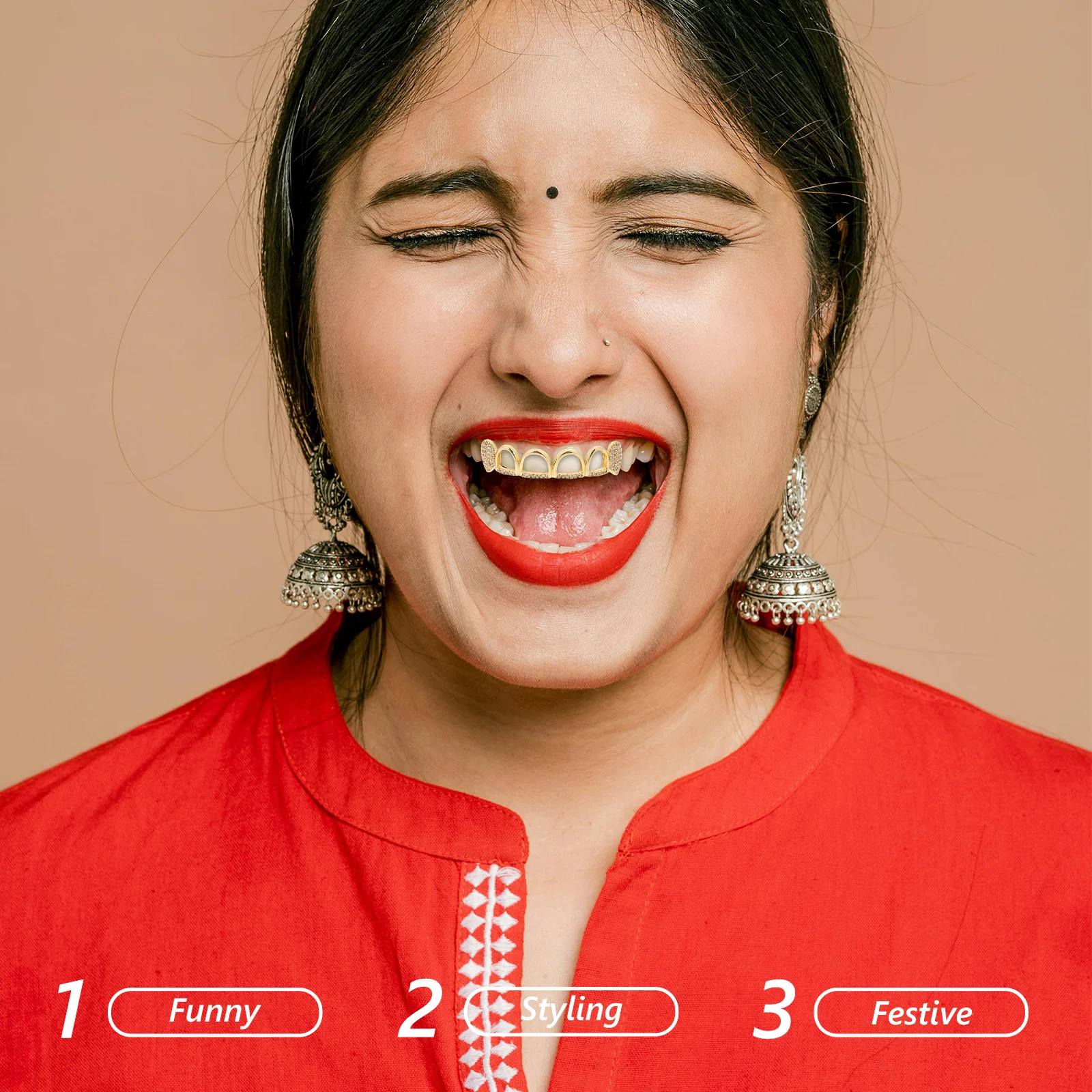 

1Set Halloween Gold Fang Teeth Grill Fake Grill Zircon Stones for Party Hip Hop Mouth Jewelry Teeth Jewelry Fake Grills