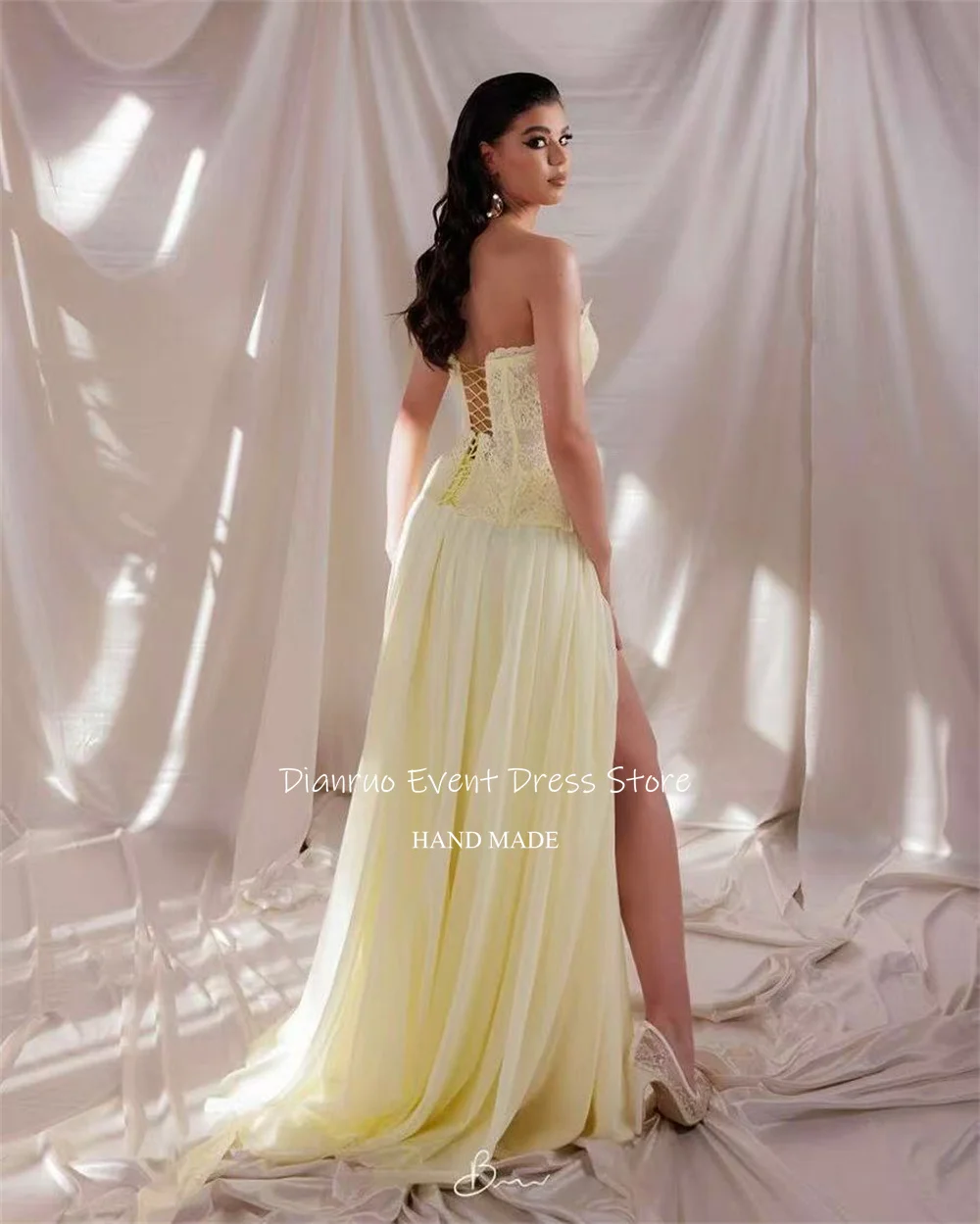 Dianruo elegante longo a linha vestidos de noite dividir amarelo chiffon vestidos de baile sem alças até o chão robes de soirée personalizado