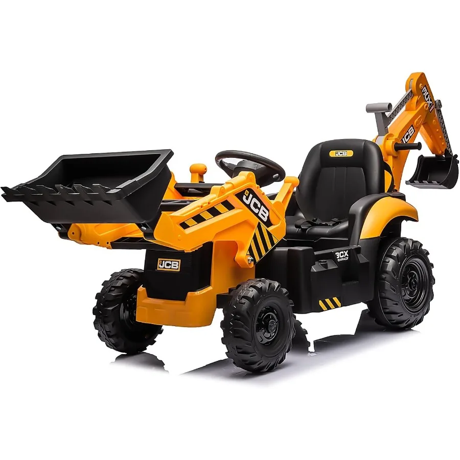 Koparka JCB 24V z funkcją jazdy, 3 w 1: koparko-ładowarka z przednim ładowarką i tylnym ramieniem, zdalne sterowanie, powolny start/stop, regulacja.