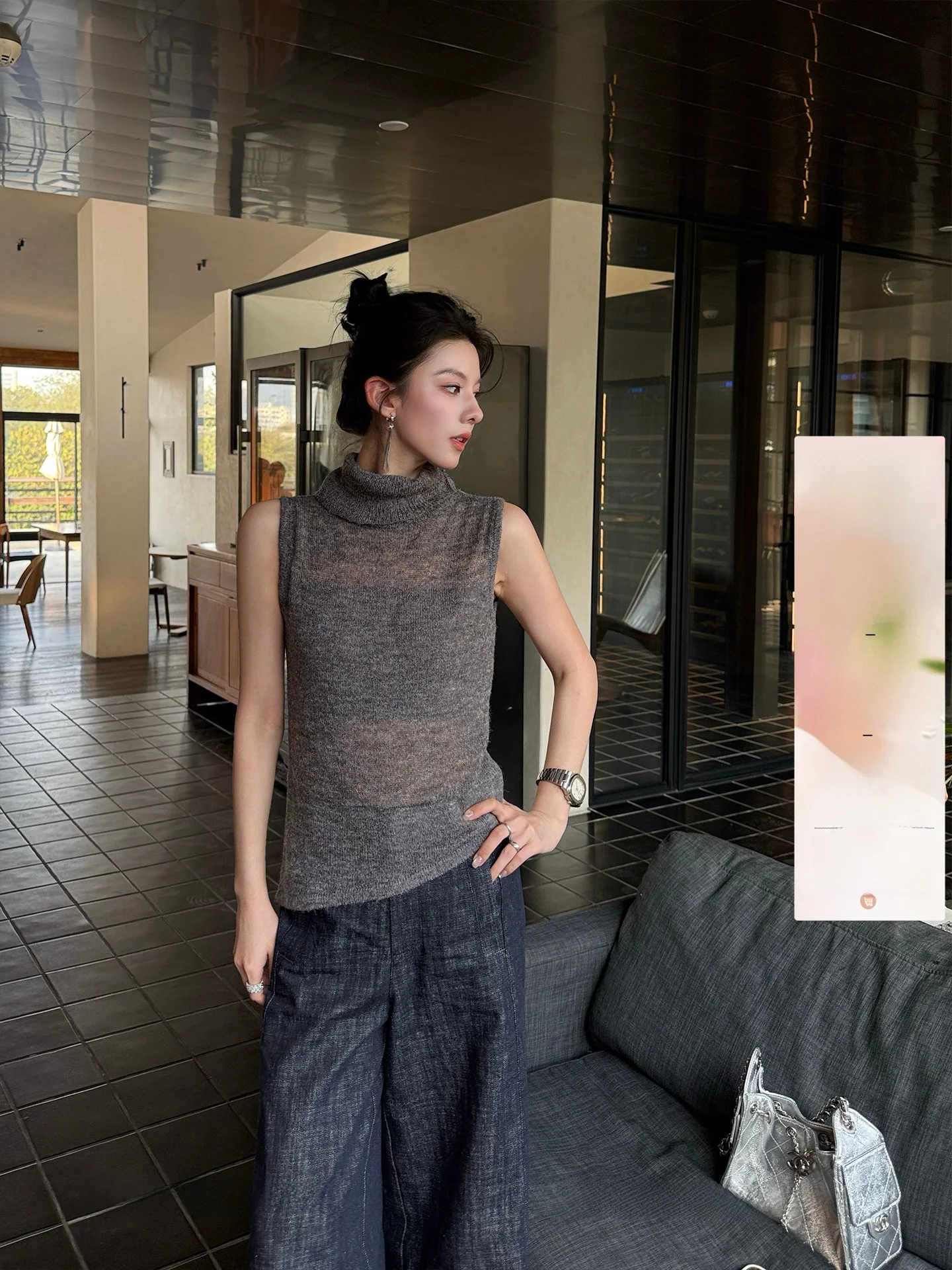 

Вязаный топ Qingwen Victoria Floral Series с высоким воротником и открытыми плечами, облегающий, весенняя новинка, мягкий, из нейлона средней плотности