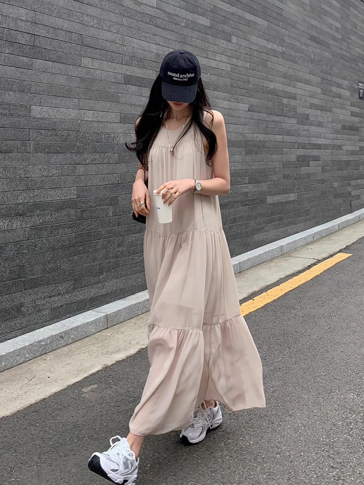 Chique verão doce personalidade em torno do pescoço emenda camadas solto casual longo chiffon colete vestido estilo coreano c...