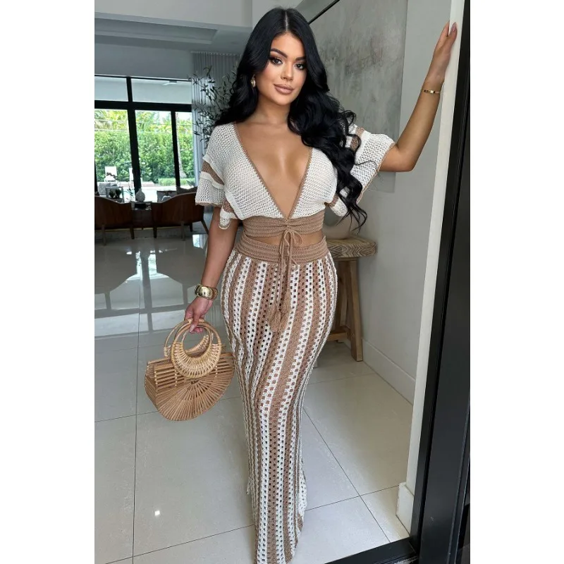 2024 Summer Elegant Striped Knitted Contrast Colors 2 Piece Set Women Sexy V Neck Bandage Crop Tops Hollow Long Skirt Streetwear