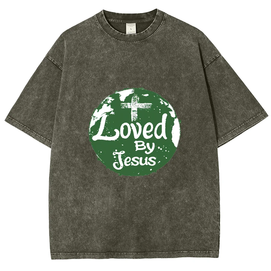 Loved By Jesus Y2k Washed Short Sleeves T Shirt, Cartoon Creative Printed Unisex Vintage Streetwear New Fashion Casual Plus-Size