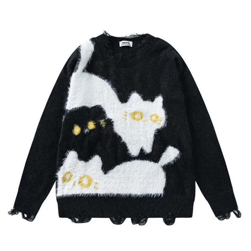 Japanese Y2k Kawaii Sweaters Women O-Neck Sweater Cat Pattern Long Sleeve Harajuku Sweet Cute Subculture Pullover Spring Autumn
