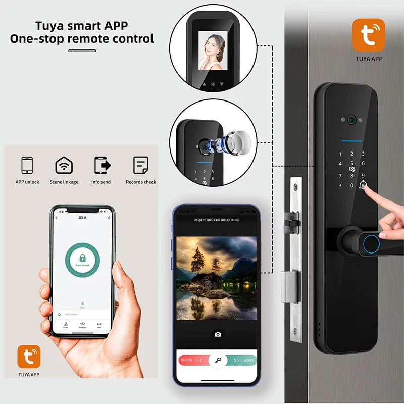 XSDTS Tuya Wifi Digital Electronic Smart Door Lock With Biometric Camera Fingerprint Card Password Key Unlock SA Local shipment