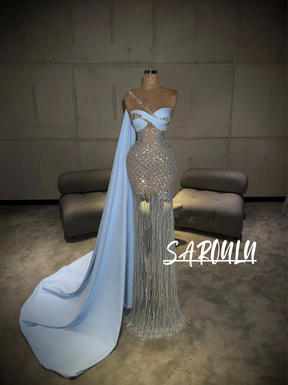 

Ice Blue Satin Drape Exquisite Tassel Evening Dress Chic Sequins Gird Pattern Illusion Prom Gown Glamorous Galas Wear Customized