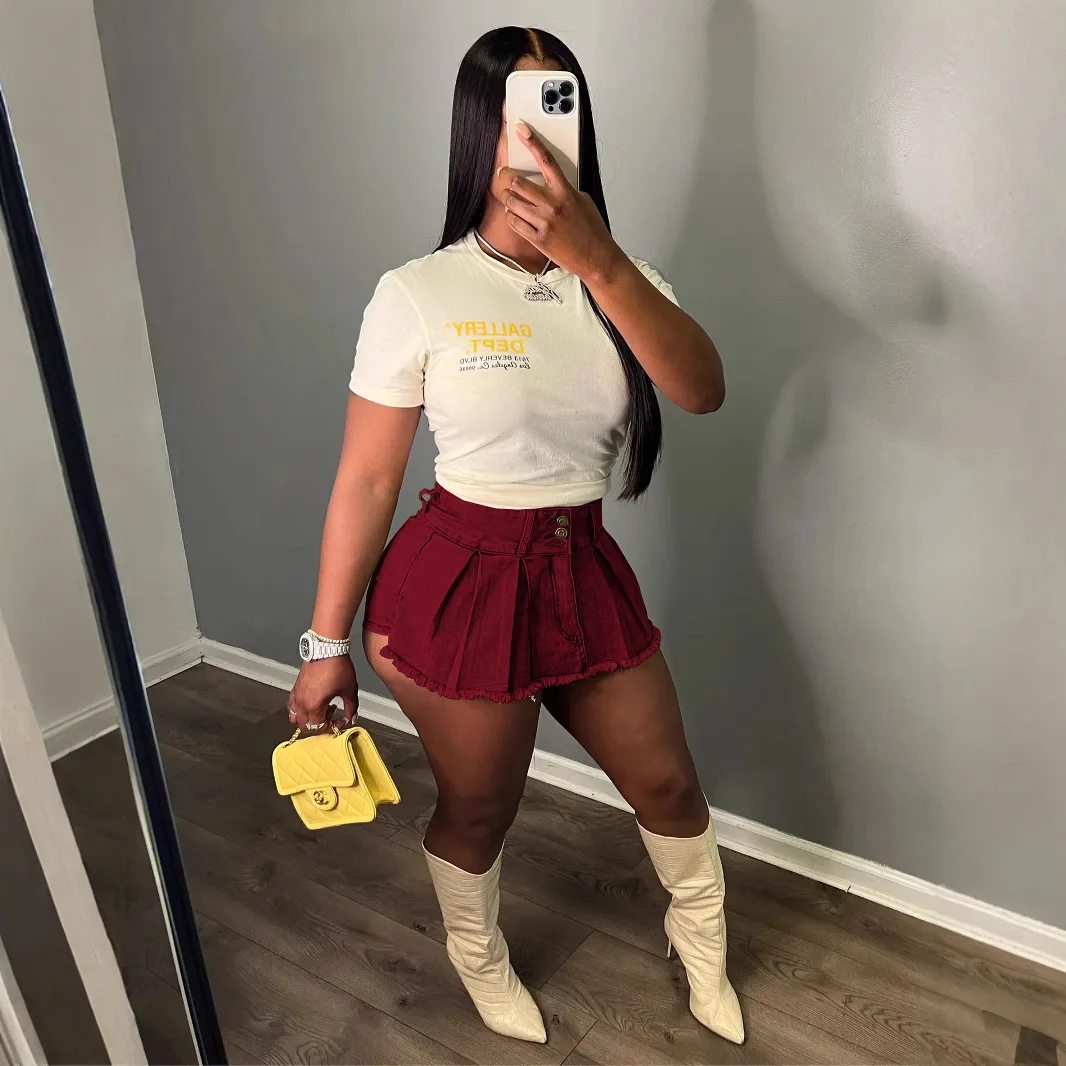 

Distressed Women 2 in 1 Denim Shorts Skirts Solid High Waist Pleated Skirt 2025 Summer Streetwear Sexy Night Club Party Vestidos