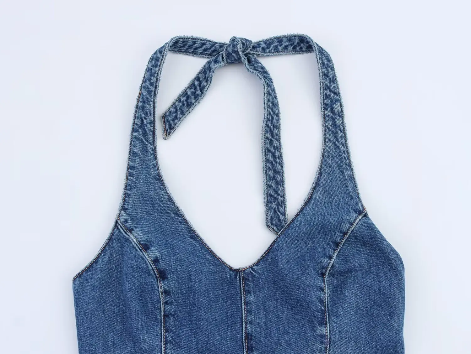 Celana pendek jumpsuit Mini Denim leher Halter seksi Bodysuit Slim Fit tanpa lengan ritsleting modis liburan kasual Chic musim panas wanita