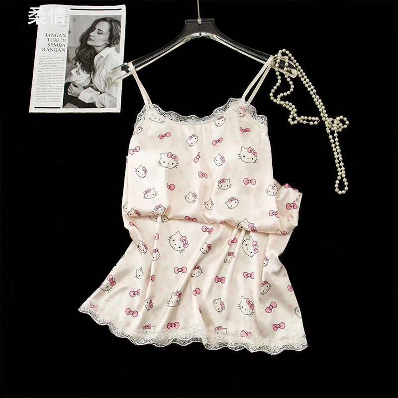 

Kawaii Hello Kitty Sanrio Nightgown Women Ice Silk Camisole Sleeveless Tank Top Summer Silk with Chest Pad Pajamas Sexy Summer