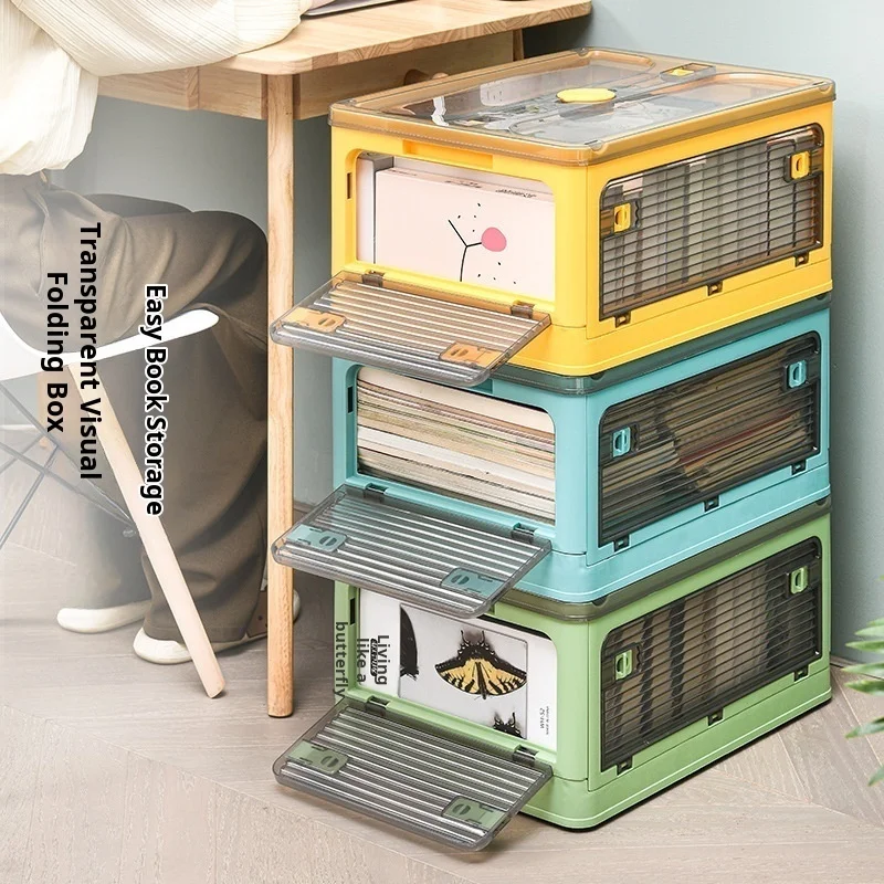 

Складной ящик для хранения книг, прозрачный пластиковый ящик для хранения большой емкости с выдвижным кольцом, легко открывающаяся крышка, компактный