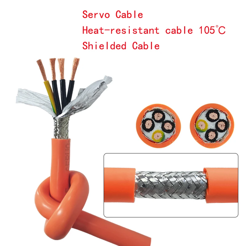 4Cores Copper Wire Servo Cable 15/13/11/9AWG Heat Resistant Oil Resistant Cable Shielded PVC Orange Flexible Drive Power Cable