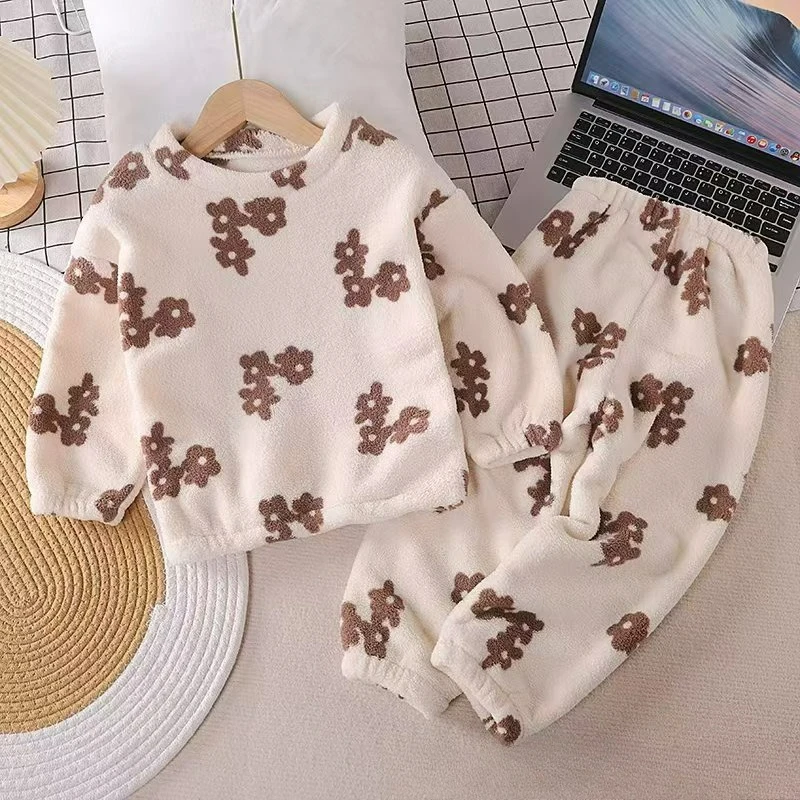 

Winter Double-sided Fleece Kids Pajama Sets Girls Boys Home Wear Long Sleeved Set Pajamas Sleepwear Children's Clothing Set