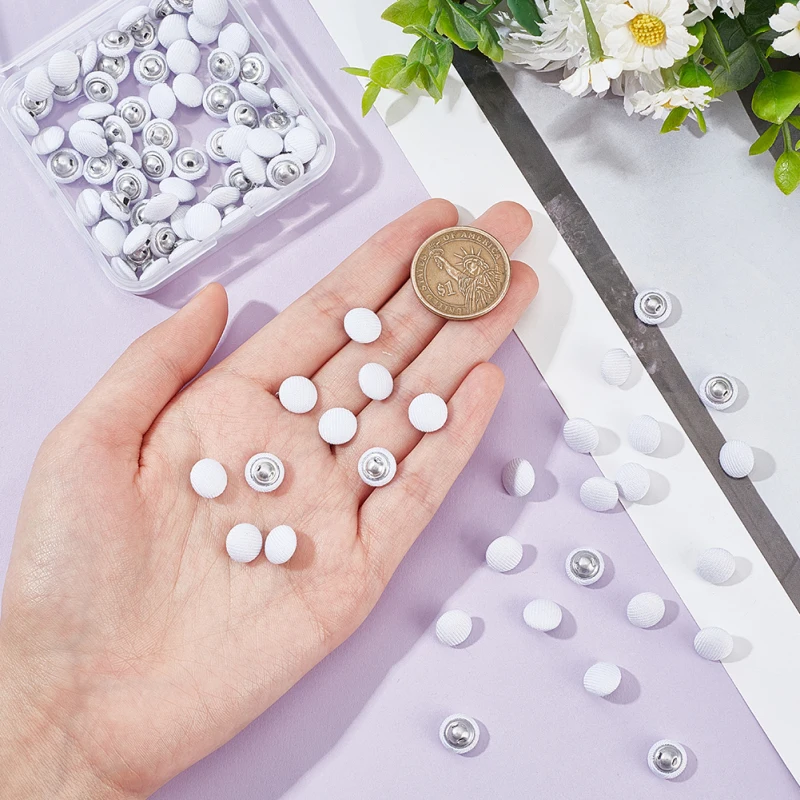 100 Pcs Fabric Covered Button, 10mm White Fabric Metal Shank Buttons 1-Hole Fabric Cloth Covered Round Buttons Crafting Sewing