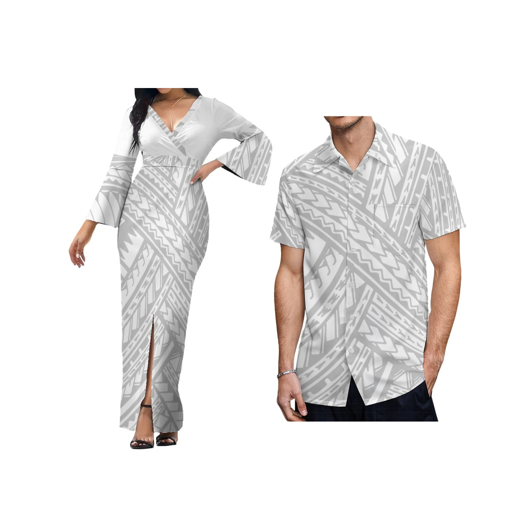 Drop Shipping mother day Polynesian White Dress Matching Short Sleeve Men\'s Shirt Couples Matching Outfits Long Island Dress