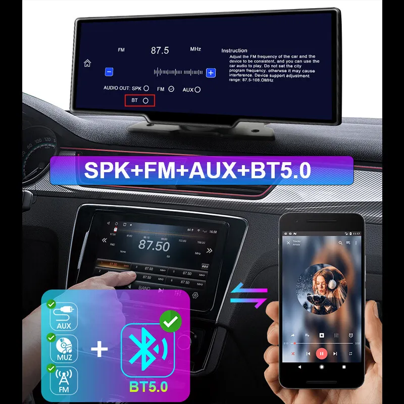 EKLEVA 10.26 "4K double caméra de tableau de bord avant à l'intérieur IR Vision nocturne 24H moniteur de parc voiture DVR WiFi BT CarPlay g-sensor enregistrement en boucle