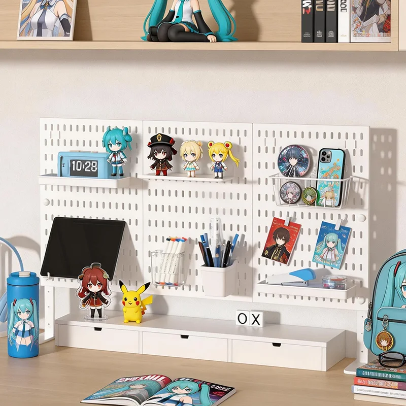 Pegboard Storage Rack For Anime Gaming Desk Drill Free Figure Keychain Badge Stationery Fan Display Shelf Hooks