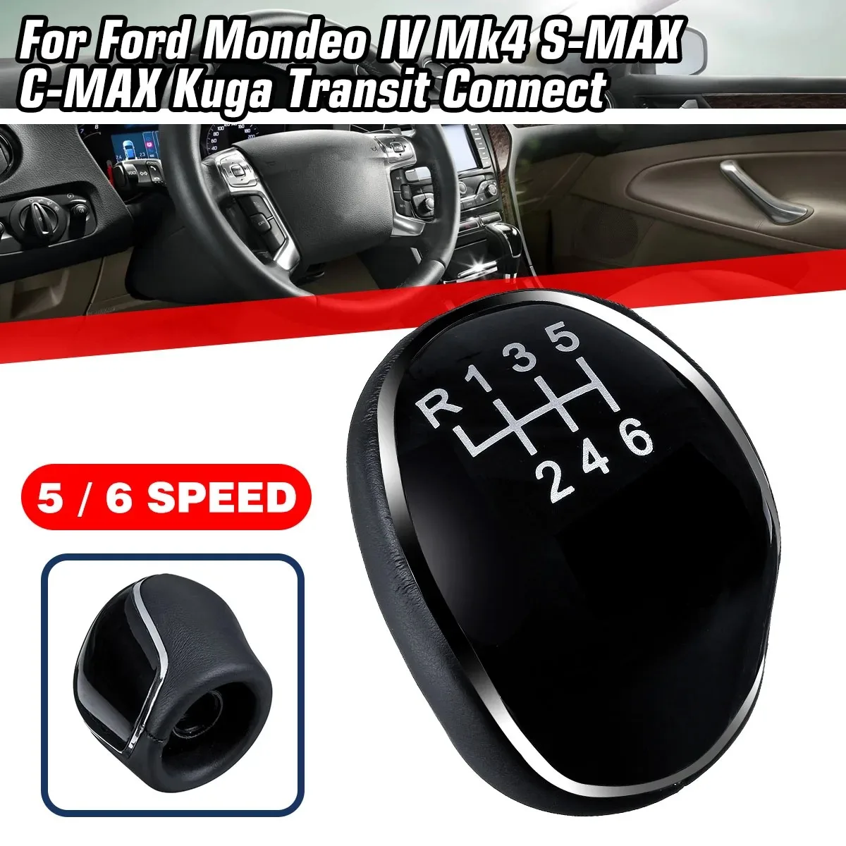 5/6 Speed Gear Shift Knob For Ford Mondeo Mk4 S-Max C-Max Focus Mk2 Kuga Leather Shifter Lever Arm Headball Accessories