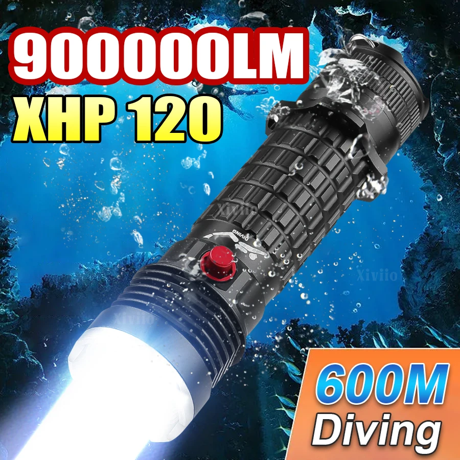 

900000LM Обновление XHP120 Фонарик для дайвинга Профессиональная подводная лампа Водонепроницаемый фонарик для подводного плавания Мощные светодиодные фонарики
