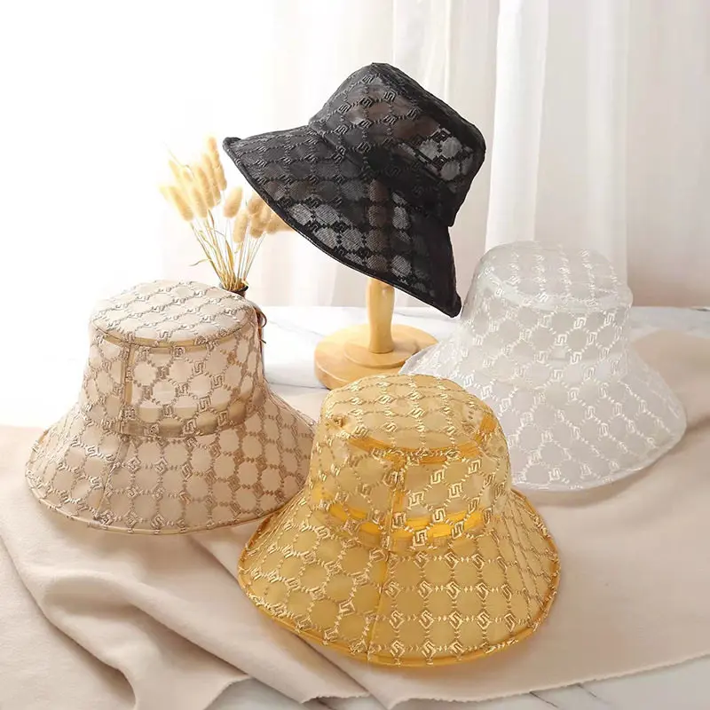 Summer Hawaiian Mesh Sunscreen Fisherman Cap Women\'s Light and Simple Breathable Small Fragrance Big Brim Sunshade Bucket Hat