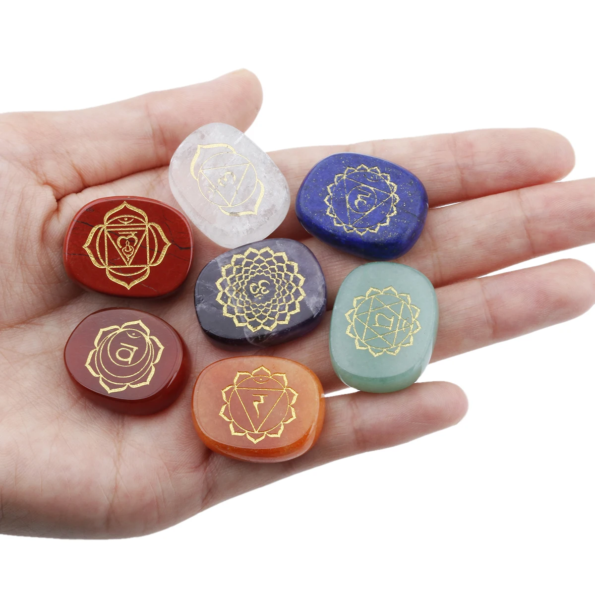 7pcs/set Natural Crystal Chakra Stones With Engraved Symbols Polished Palm Stone For Healing Meditation Balancing Home Decor