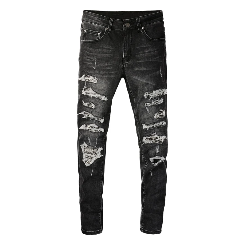 

Fashionable new men's jeans stretch, washed with water, black jeans designer, high street hip-hop brand, cashew flower patch pan