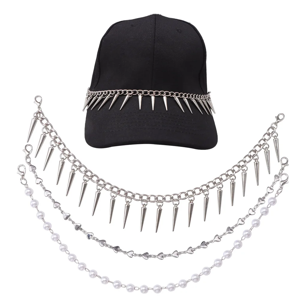 Fashion Cap Accessory with Spiked Rivet Love Pendant and Pearl Chain Trendy Hat Decoration