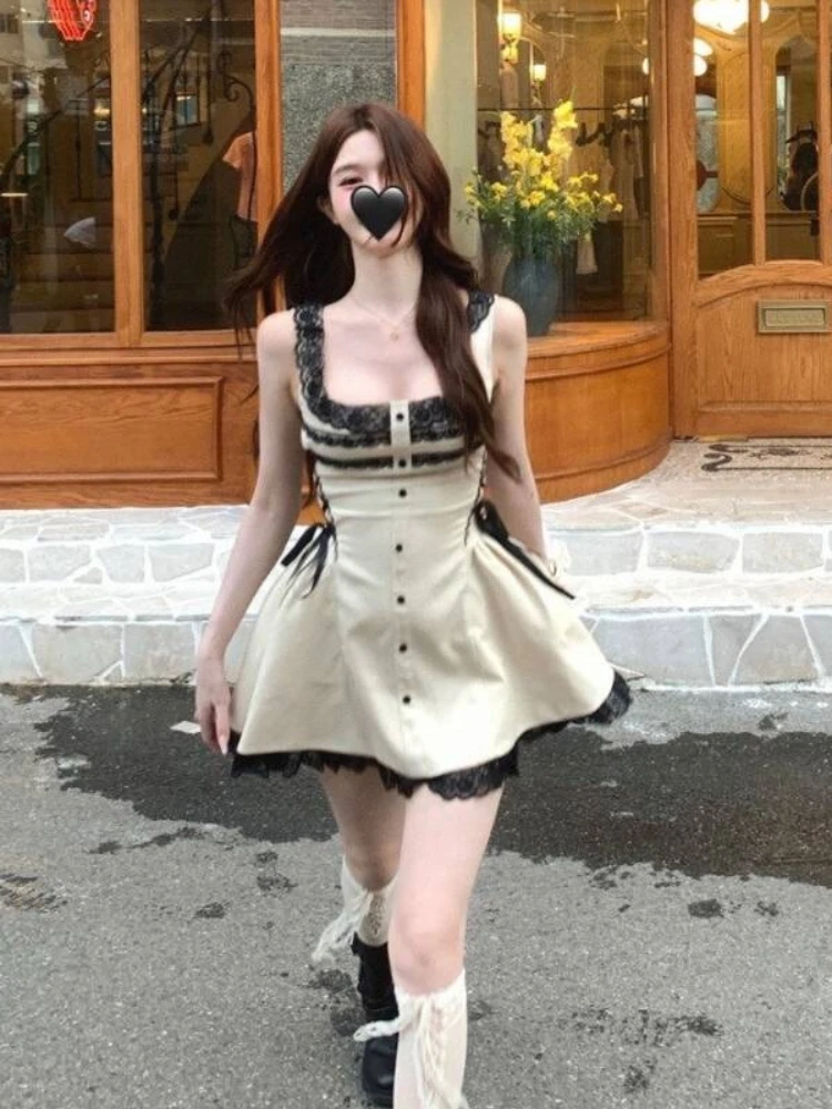 Summer French Vintage Coquette Baroque Pearl Lace Mini Dress Women Square Neck Lace Trim Button Front Side Lace Up Ruched Waist