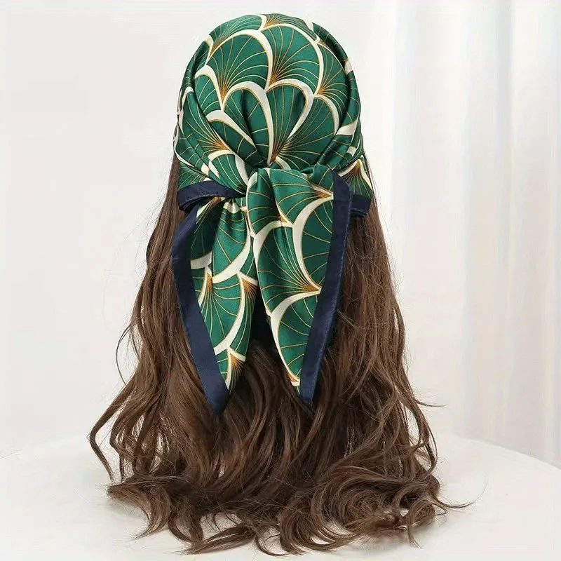 

68cm Green Leaf Printed Scarf Women's Spring and Autumn Thin Imitation Silk Scarf Fresh and Versatile Headscarf Shawl