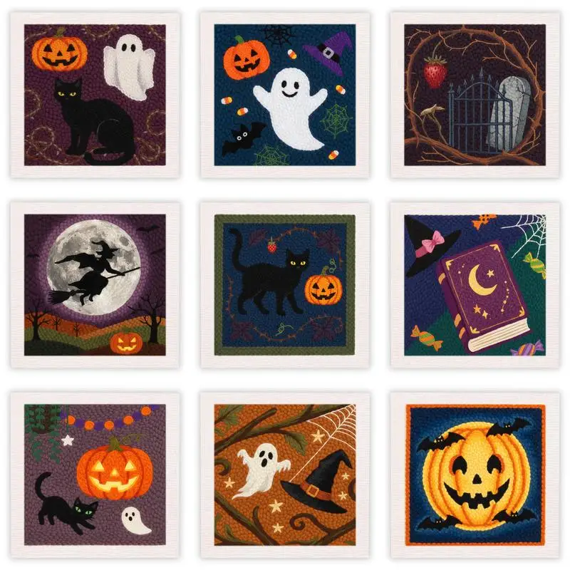 Halloween Punch Needle Embroidery Starter Kits For Beginner Ghost Pumpkin Witch Handicrafts Poking Embroidery Hoop Yarn Painting
