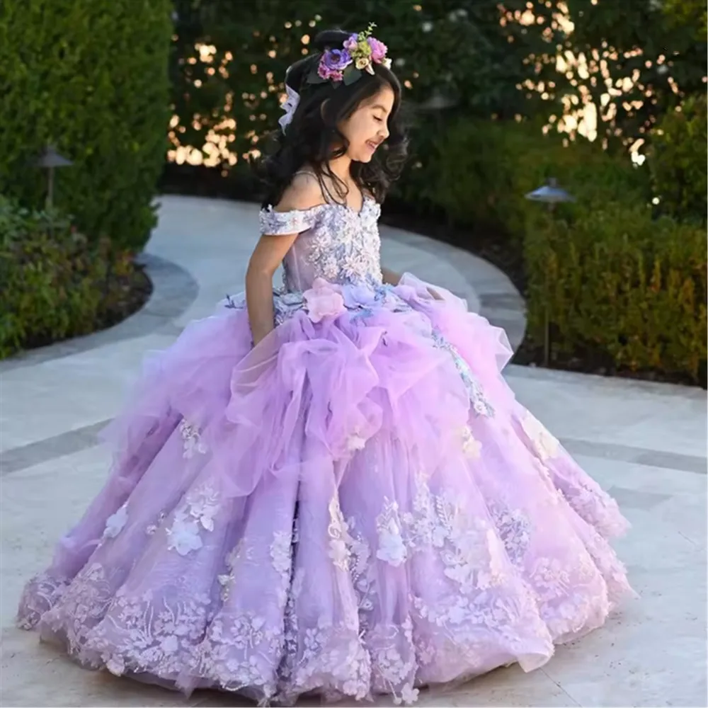 

Luxury Flower Girl Dress for Wedding Floral Lace Appliques Floor Length Princess Birthday Party First Holy Communion Gown