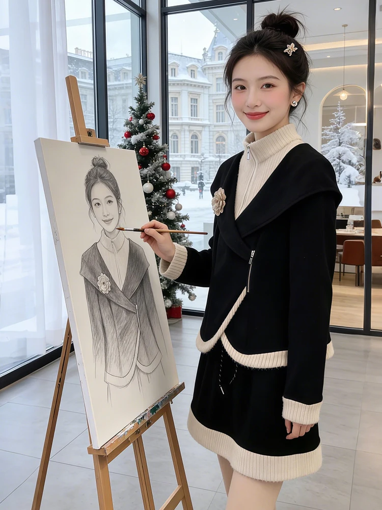 

Модный зимний женский комплект из вязаного топа с поясом и юбки, повседневный свободный крой