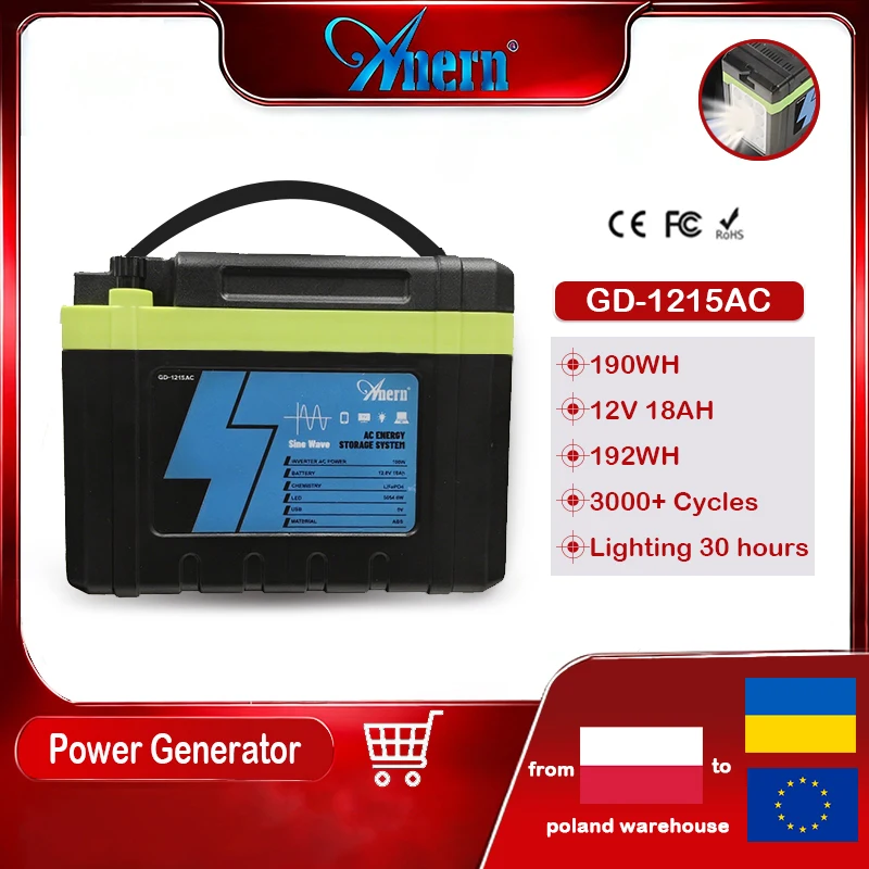 Anern Tragbare Powerstation 12V 18AH Stromgenerator mit 12 LED-Leuchten Notfall-Solar-Powerbank EU-Standard für Outdoor-Aktivitäten