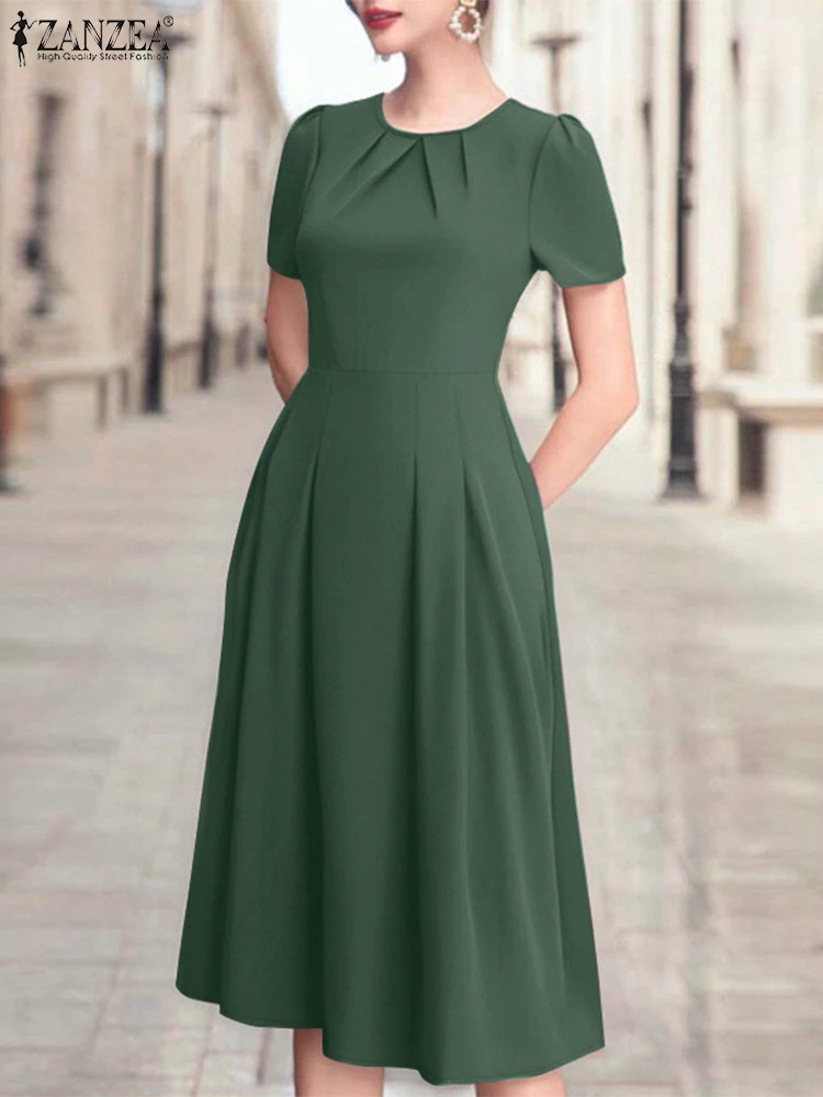 Mulheres elegantes trabalho ol vestido zanzea 2025 moda vestidos de festa verão sólido manga curta vestido casual plissado vestidos kaftan