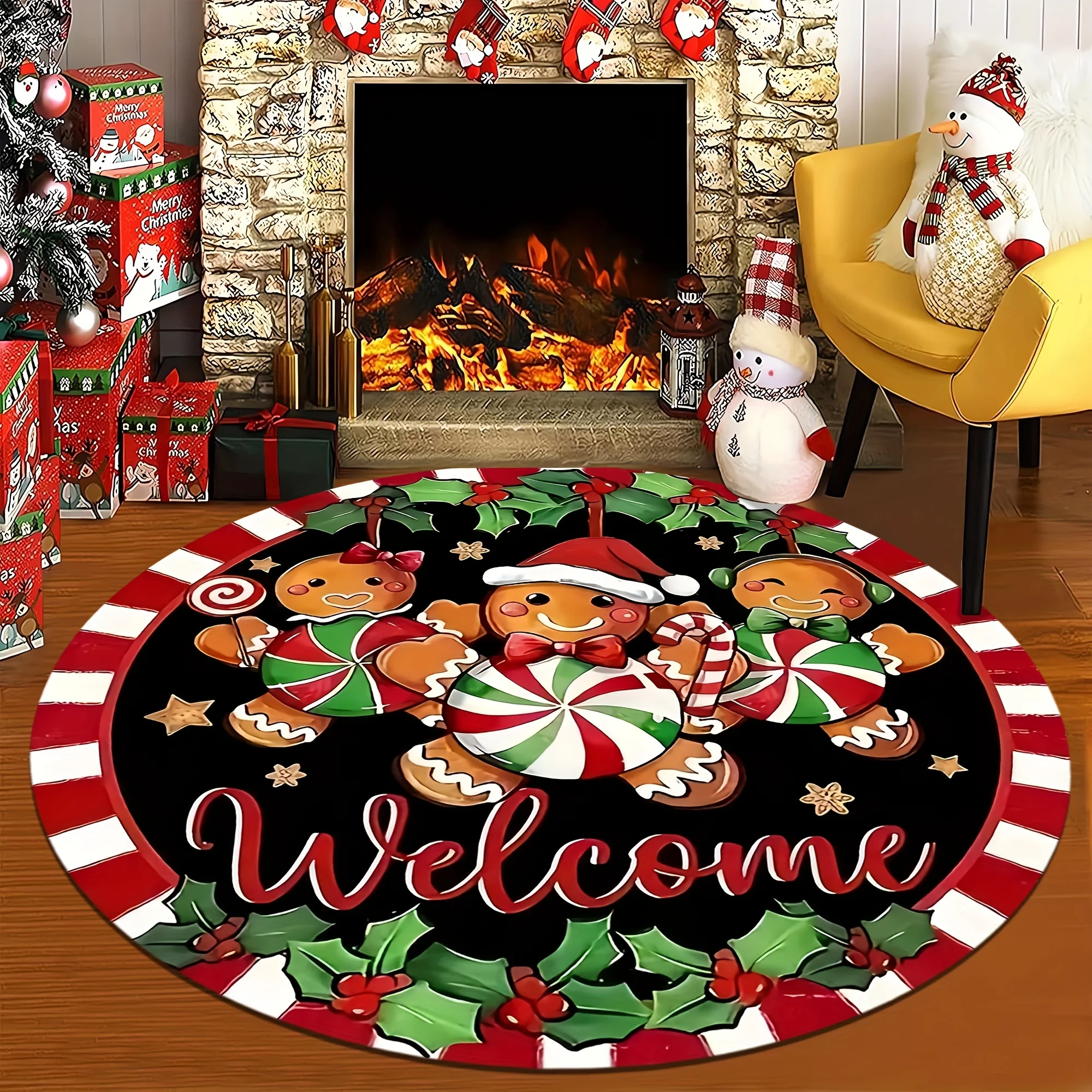 Vortex Xmas Round Area Rug Reindeer Sled Christmas Tree Print Carpet Bedroom Indoor Festival Floor Rug