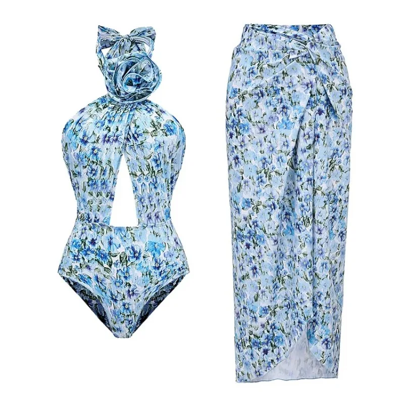 

One Piece Swimsuit For Women European And American Swimwear Women's Three-dimensional Flower Decoration Neck Hollow Floral Beach