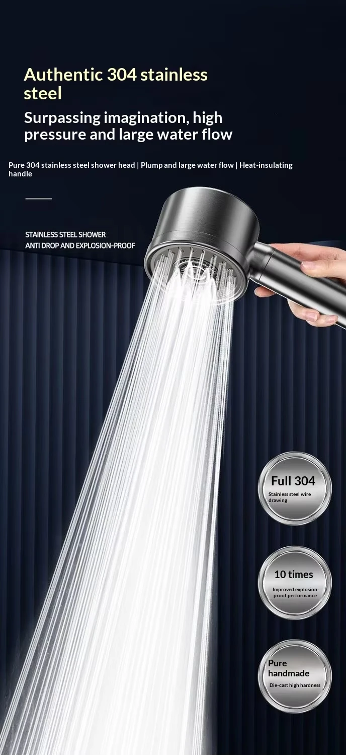 304 Stainless Steel High Pressure Filter Shower Head 3-Speed Large Flow Showerhead Shatter-Resistant Detachable for Bathroom