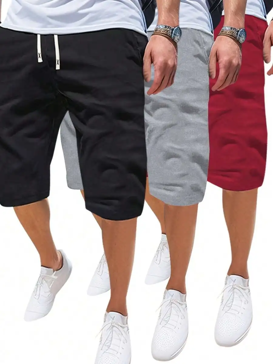 Men 3-Piece Set Thin Beach Shorts With Pockets & Drawstring For Casual, Sports, Jogging