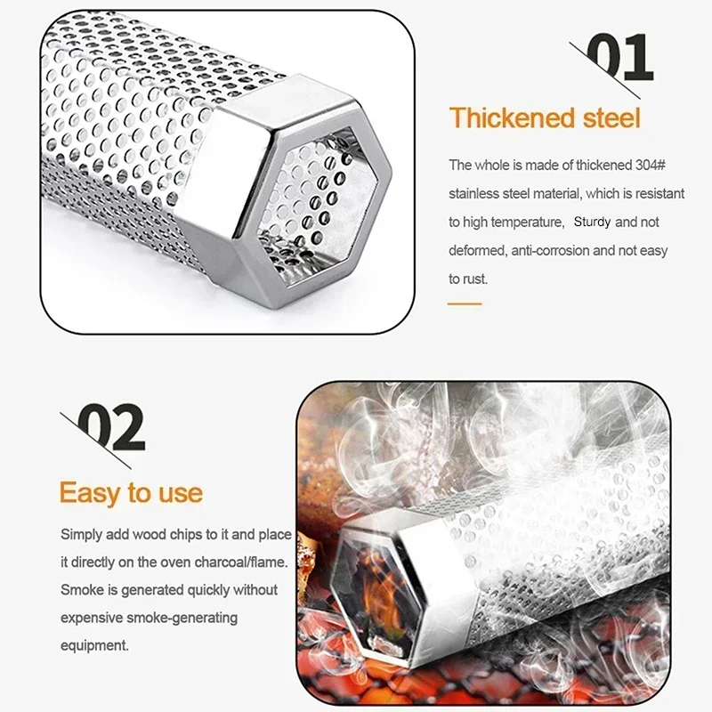 6/12 inch BBQ Stainless Steel Smoker Grill Tube Perforated Mesh Filter Gadget Pellet Smoking Generator Hexagon Spice Smoked Box